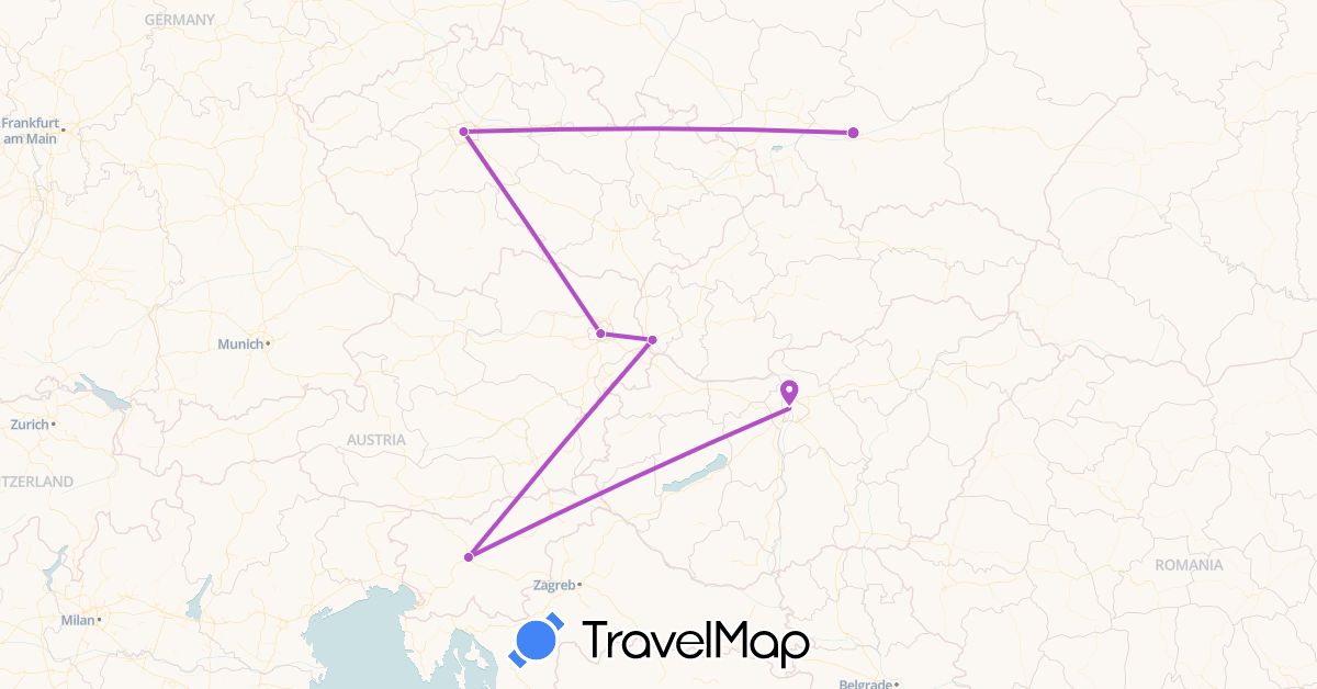 TravelMap itinerary: driving, train in Austria, Czech Republic, Hungary, Poland, Slovenia, Slovakia (Europe)